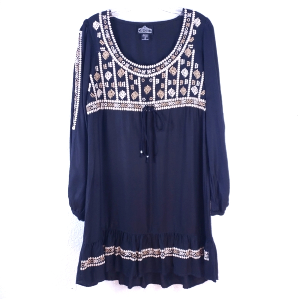 ANGIE Boho Embroidered Tassel Ruffles Dress Black - Picture 1 of 8